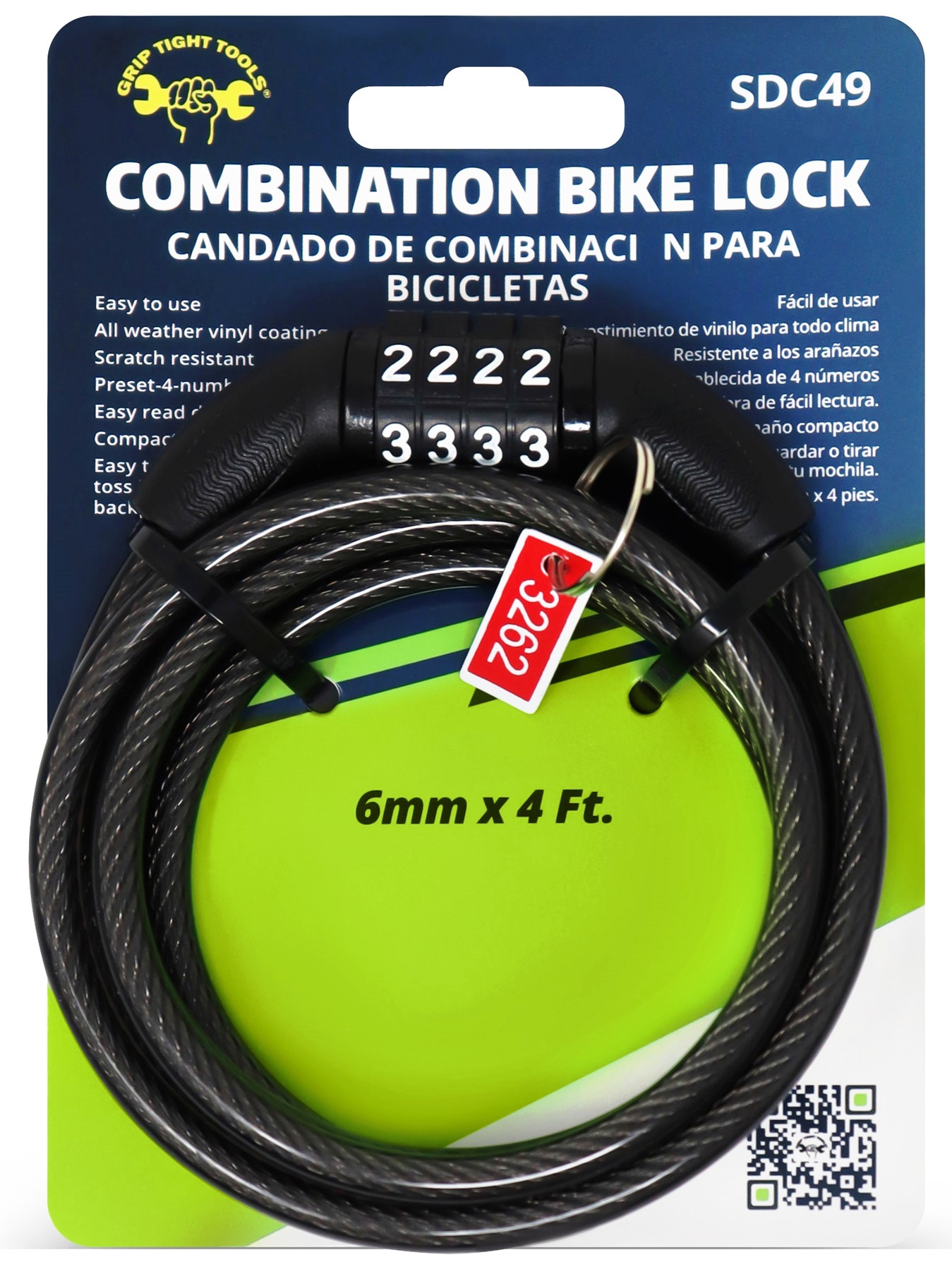 SDC49-4 ft. X 6mm Self-Coiling Cable Combination Bike Lock