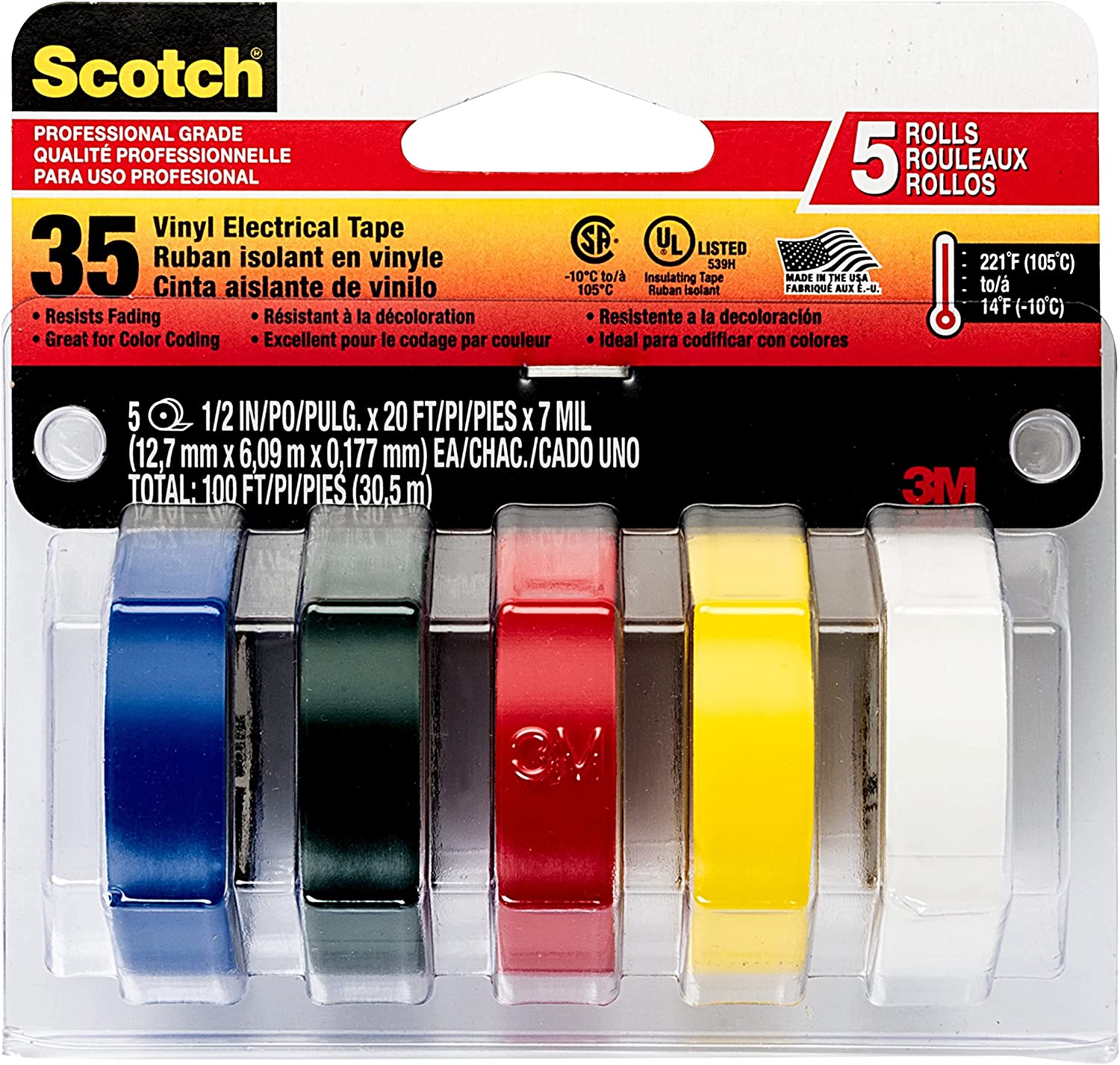 ELECTRICAL TAPE 5 PACK COLORED 1/2″ x 20 FT Lee Distributors