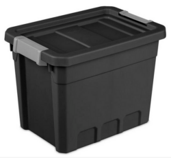 STORAGE STACKER H.D.TOTE BOX- 30 QT. BLACK w/GRAY LATCHES