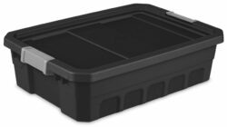 STORAGE STACKER H.D.TOTE BOX- 40 QT. BLACK w/GRAY LATCHES